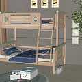 Modern Light Wood Bunk Bed with Ladder Green Trim and Blue Lower Bedding