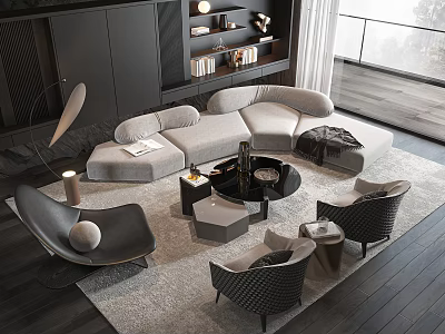 Modern Living Room Sofa Coffee Table Set With Armchairs And Decorative Rug 3d model