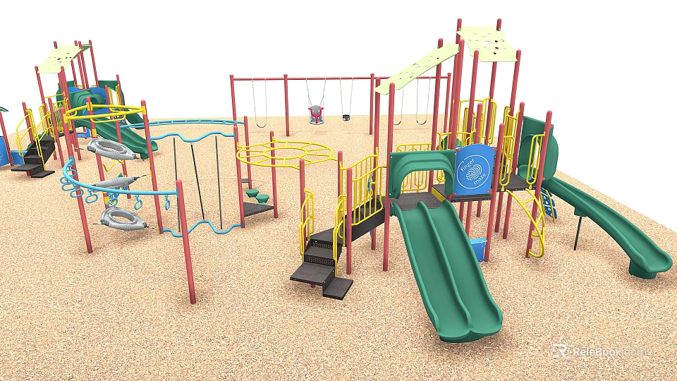 Colorful Outdoor Playground Equipment With Green Slides Swings And Climbing Structures 3d model 