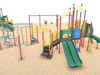 Colorful Outdoor Playground Equipment With Green Slides Swings And Climbing Structures 3d model
