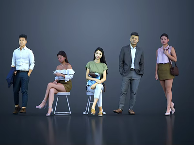 Group of People Standing and Sitting in Various Poses on Gray Background 3d model