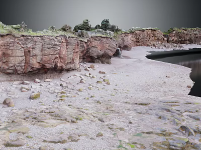Natural Coastal Terrain With Red Rock Cliffs Sandy Beach Stones And Vegetation 3d model