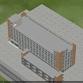 Aerial Planning Multi Storey Building With Orange Gray Exterior Green Roller Doors Surrounding Grassland