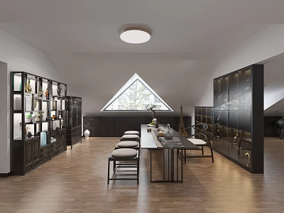 Modern Tea Room Interior Design With Triangular Window Wooden Bookshelves Long Table And Comfortable Chairs 3d model