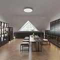 Modern Tea Room Interior Design With Triangular Window Wooden Bookshelves Long Table And Comfortable Chairs