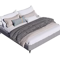 Modern Double Bed with Multiple Pillows Checkered Blanket and Gray Frame 3d model