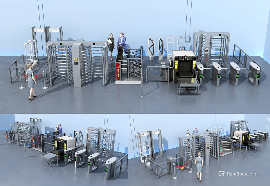 Public Facilities Security Checkpoints With Revolving Turnstiles Staff And Metal Detectors For Entry Control 3d model 