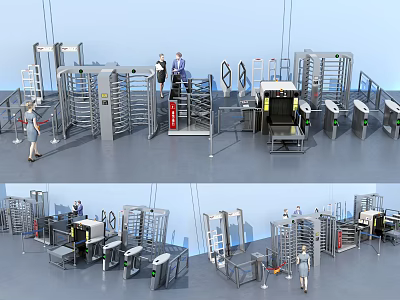 Public Facilities Security Checkpoints With Revolving Turnstiles Staff And Metal Detectors For Entry Control 3d model