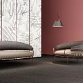 Modern Sofa Set With Gray Beige Upholstery Copper Frame And Leaf Pattern Wallpaper