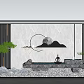 Modern Scenic Wall with White Surface Black Lines Circular Moon Mountain Water and Stone Decor