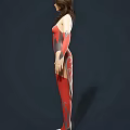 Game And Movie Female Character In Red Black Bodysuit With Silver Armor Accents
