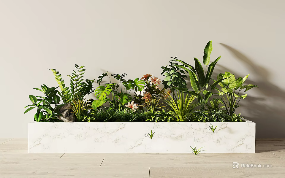 Bonsai Potted Plants In White Marble Planter With Various Green Plants And Pink Flowers 3d model 