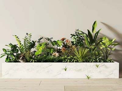 Bonsai Potted Plants In White Marble Planter With Various Green Plants And Pink Flowers 3d model