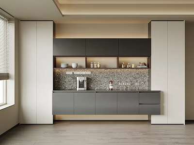 Modern Kitchen Wine Cabinet With Shelf Glasses And Bottles Interior Design 3d model