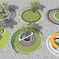 Various Circular Tree Pits With Green Lawns And Colorful Rings On Paved Ground