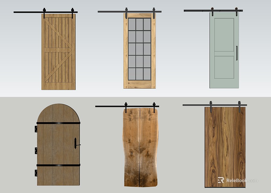 Barn Doors With Various Designs Including Wooden Frames Glass Panels And Arched Styles 3d model 