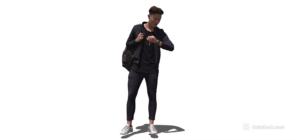 A man with backpack wearing black jacket and pants checking watch in white shoes 3d model 
