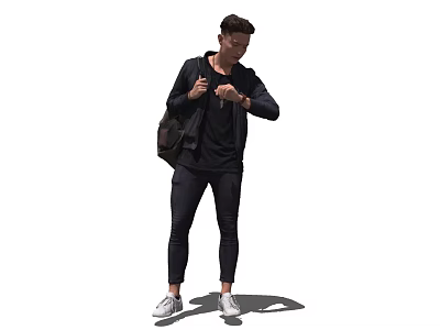 A man with backpack wearing black jacket and pants checking watch in white shoes 3d model