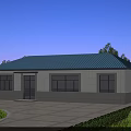 Single Story Rural Self Built House With Blue Roof Light Colored Walls And Concrete Courtyard