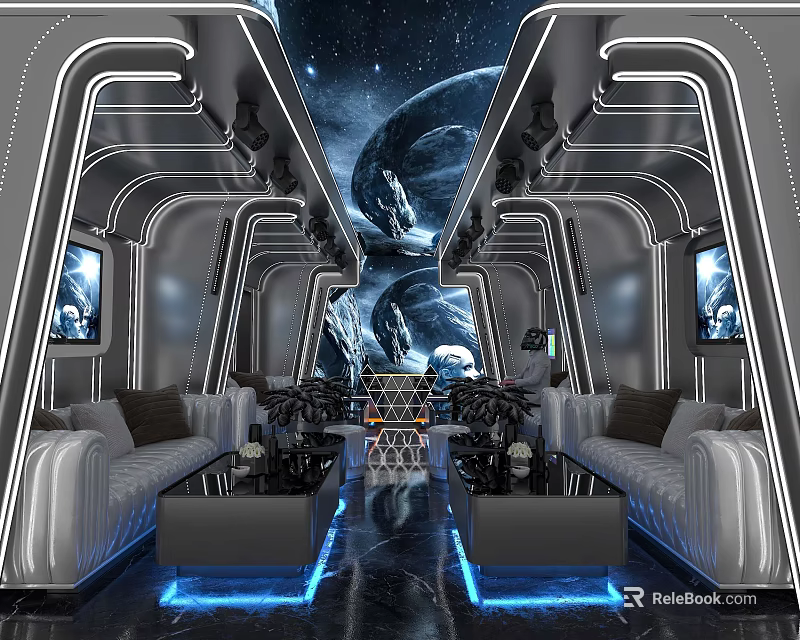 Modern KTV Interior Design With Futuristic Lighting Comfortable Seating And Entertainment Lounge 3d model 