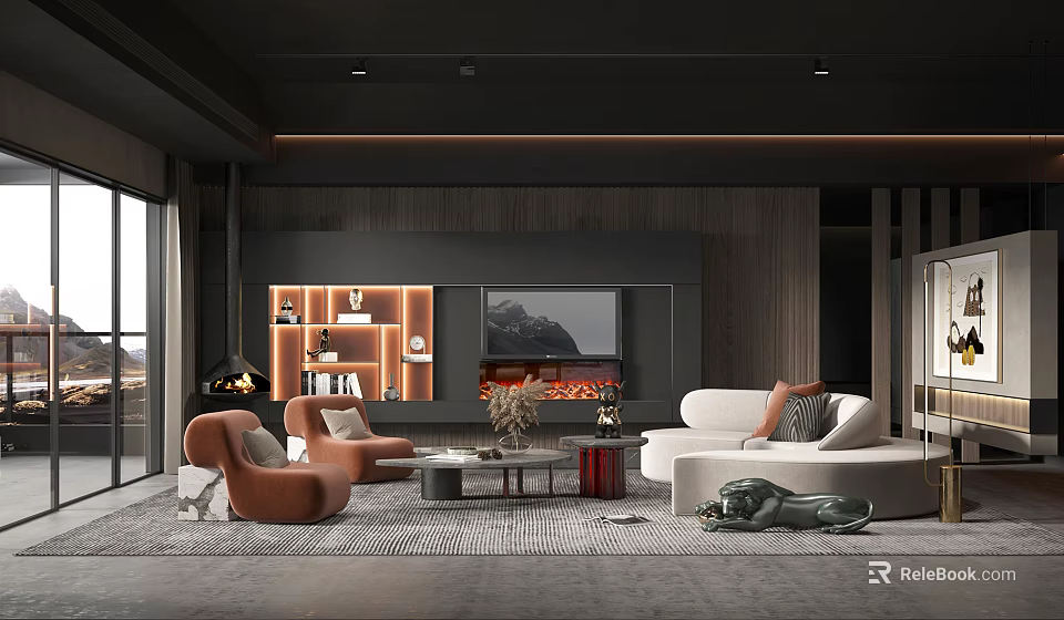 Modern Living Room Interior With White Sofa Orange Armchairs Fireplace TV Wall And Display Shelves 3d model 