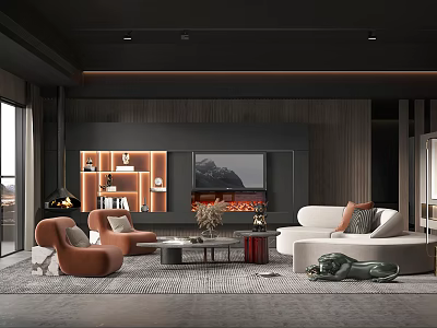 Modern Living Room Interior With White Sofa Orange Armchairs Fireplace TV Wall And Display Shelves 3d model