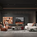 Modern Living Room Interior With White Sofa Orange Armchairs Fireplace TV Wall And Display Shelves