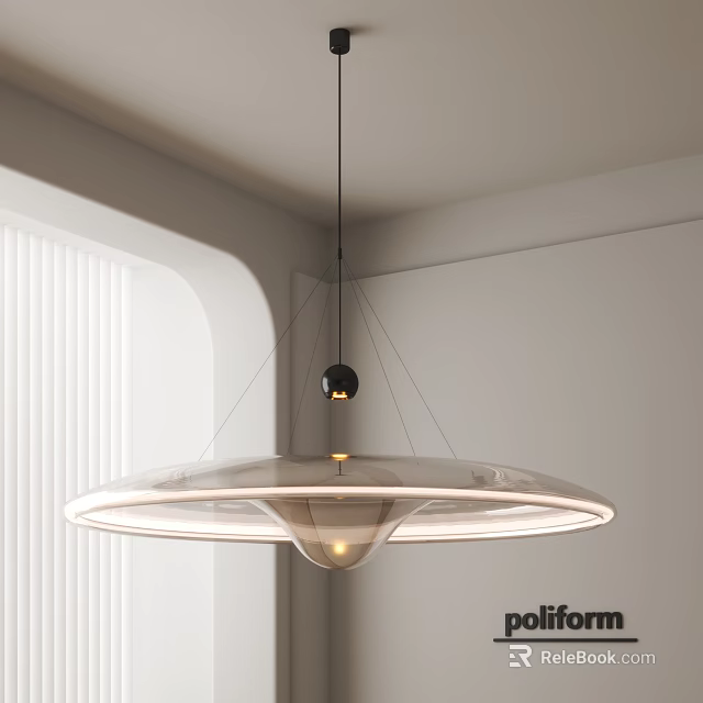 Modern Style Chandelier With Transparent Circular Lampshade Illuminated Ring And Black Sphere Connection 3d model 