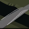 Modern Curved Bridge Design Spanning Water With Green Grass And Reflection