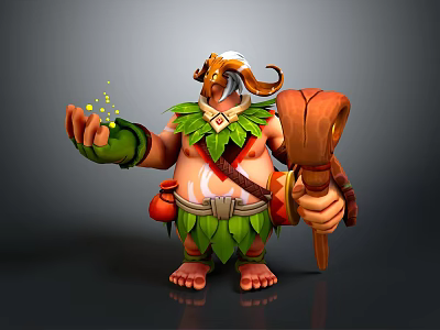 Horned Muscular Game and Movie Character In Green Leaf Outfit Holding Weapon With Magic Aura 3d model