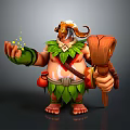 Horned Muscular Game and Movie Character In Green Leaf Outfit Holding Weapon With Magic Aura