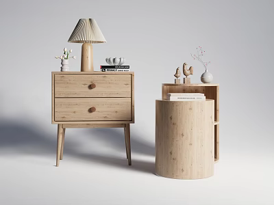 Wooden Nightstands with Drawers and Cylindrical Design Featuring Lamp Decorative Items Books and Vase 3d model
