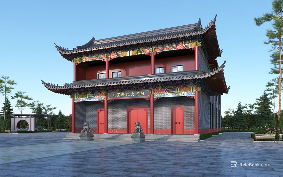 Traditional Chinese Ancient Architecture With Red Doors Black Curved Eaves Stone Lions And Front Steps 3d model 