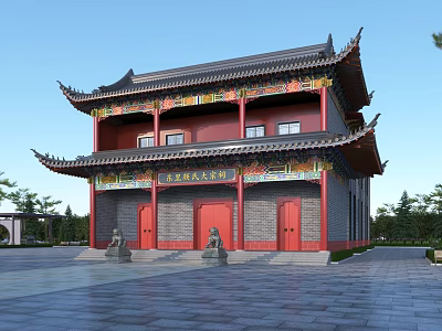 Traditional Chinese Ancient Architecture With Red Doors Black Curved Eaves Stone Lions And Front Steps 3d model