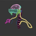 Mechanical Biopunk Creature With Black Green Helmet And Metallic Tentacle Structures