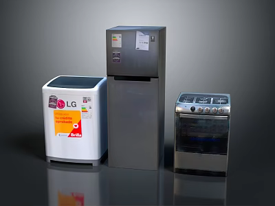 Modern Refrigerator Freezer with Washing Machine and Oven in Home Appliance 3d model