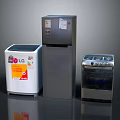 Modern Refrigerator Freezer with Washing Machine and Oven in Home Appliance