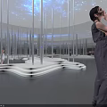 Immersive Art Installation Featuring Silver Columns Illuminated Curved Light Strips and Starry Sky Ceiling 3d model