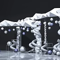 White Geometric Installation With Hanging Spheres And Spiral Decorations On Reflective Floor