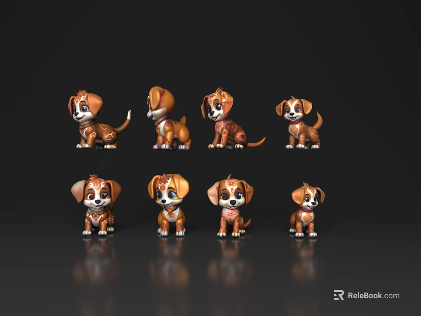 Various Positions Of Brown And White Reptile Figurines On Black Background 3d model 