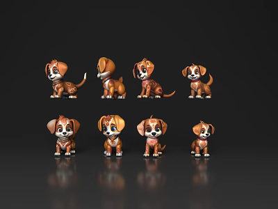 Various Positions Of Brown And White Reptile Figurines On Black Background 3d model