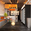 Modern Industrial Restaurant Interior With Orange Booths Green Plants Dining Tables And Warm Lighting