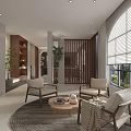 Modern Club Interior Design With Columns Plants Windows Chairs And Tables