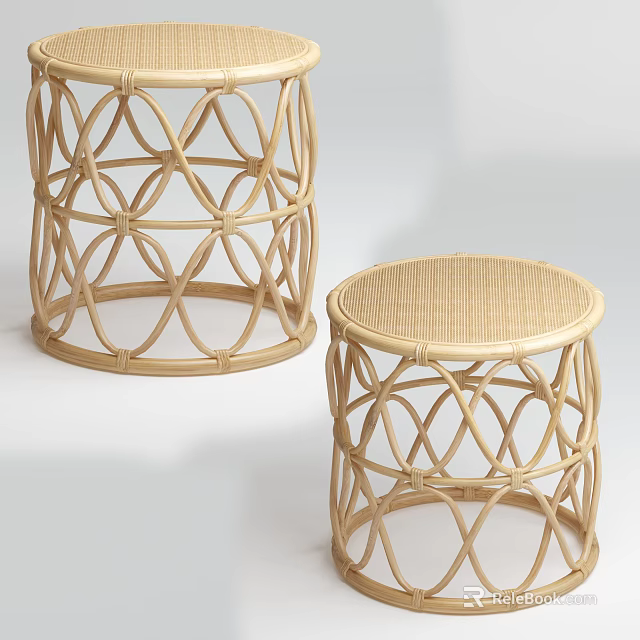 Natural Rattan Woven Round Stools With Geometric Hollow Design For Home Decor 3d model 
