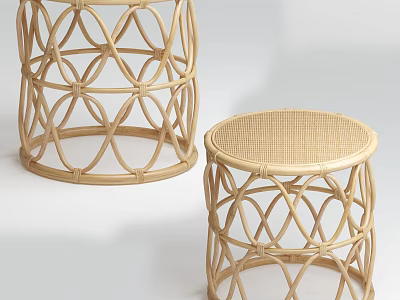 Natural Rattan Woven Round Stools With Geometric Hollow Design For Home Decor 3d model