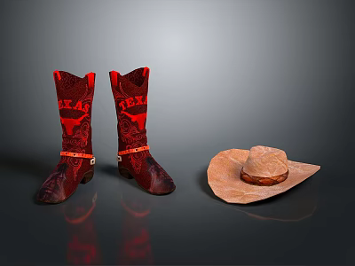Fashionable Red Cowboy Boots And Classic Cowboy Hat For Daily Use 3d model