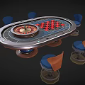 Casino Roulette Table Gaming Equipment With Wooden Metal Frame And Blue Seats