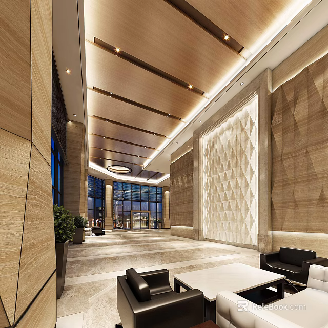 Modern Hotel Lobby Interior With Wooden Ceiling Glass Curtain Wall And Geometric Wall 3d model 
