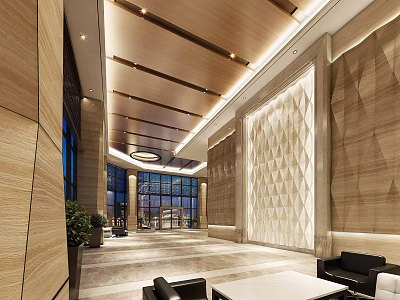 Modern Hotel Lobby Interior With Wooden Ceiling Glass Curtain Wall And Geometric Wall 3d model