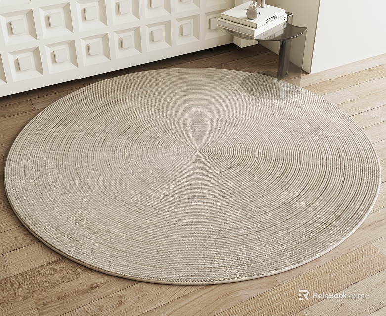 Light Beige Round Rug With Textured Design On Wooden Floor 3d model 